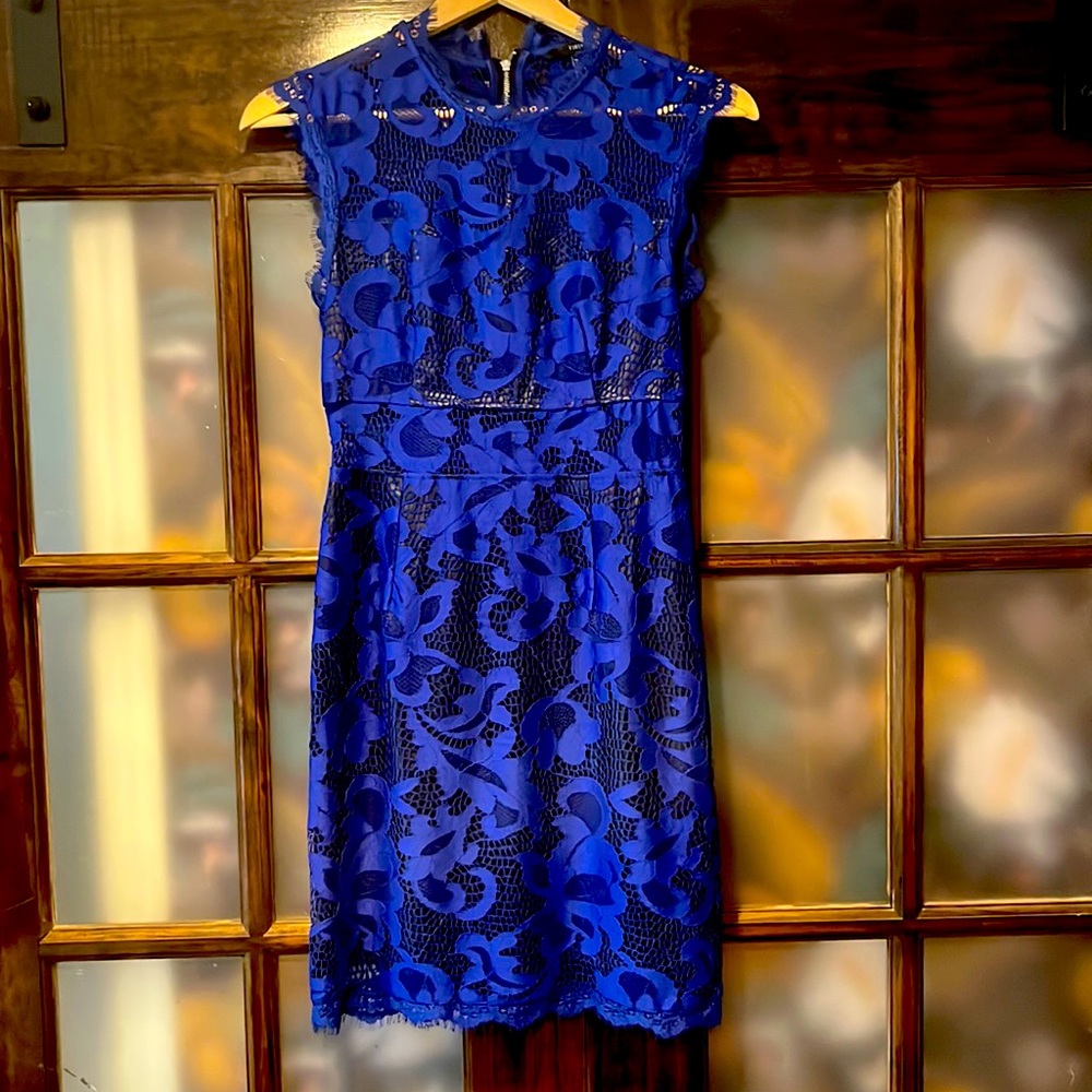 Blue lace over leather like dress small